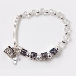 "PRAY" Engraved Silver Charms Beaded Bracelet